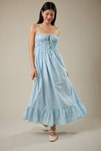 Load image into Gallery viewer, LAST ONE Blue/Mint Striped Front Ruched Tie Midi Dress

