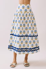 Load image into Gallery viewer, NEWEST ARRIVAL Off White Blue Floral Print Ric Rac Midi Skirt Set
