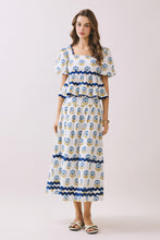 Load image into Gallery viewer, NEWEST ARRIVAL Off White Blue Floral Print Ric Rac Midi Skirt Set
