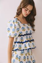 Load image into Gallery viewer, NEWEST ARRIVAL Off White Blue Floral Print Ric Rac Midi Skirt Set
