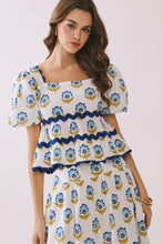 Load image into Gallery viewer, NEWEST ARRIVAL Off White Blue Floral Print Ric Rac Midi Skirt Set
