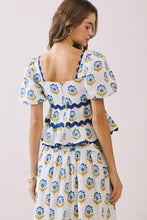 Load image into Gallery viewer, NEWEST ARRIVAL Off White Blue Floral Print Ric Rac Midi Skirt Set
