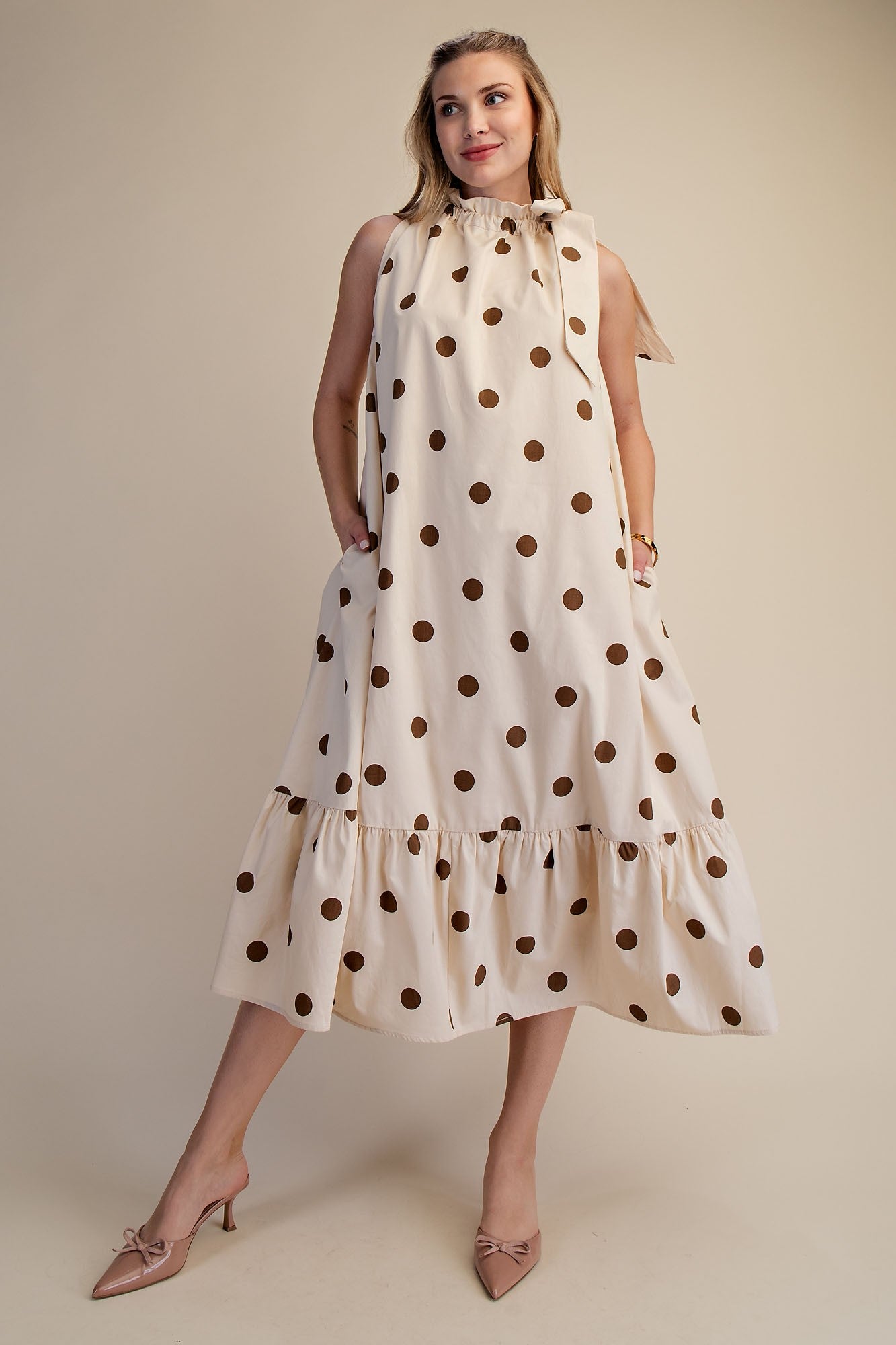 NEWEST ARRIVAL Cream Brown Polka Dot Halter Midi Dress – Five Points Boutique