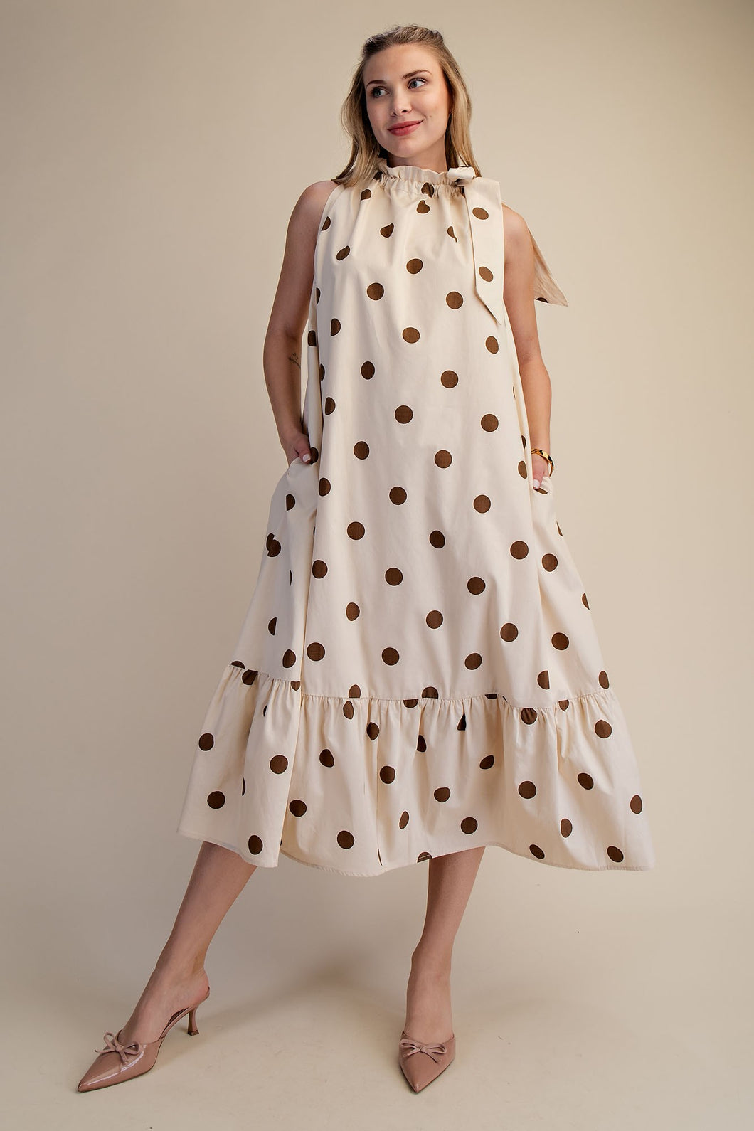 NEWEST ARRIVAL Cream Brown Polka Dot Halter Midi Dress – Five Points Boutique