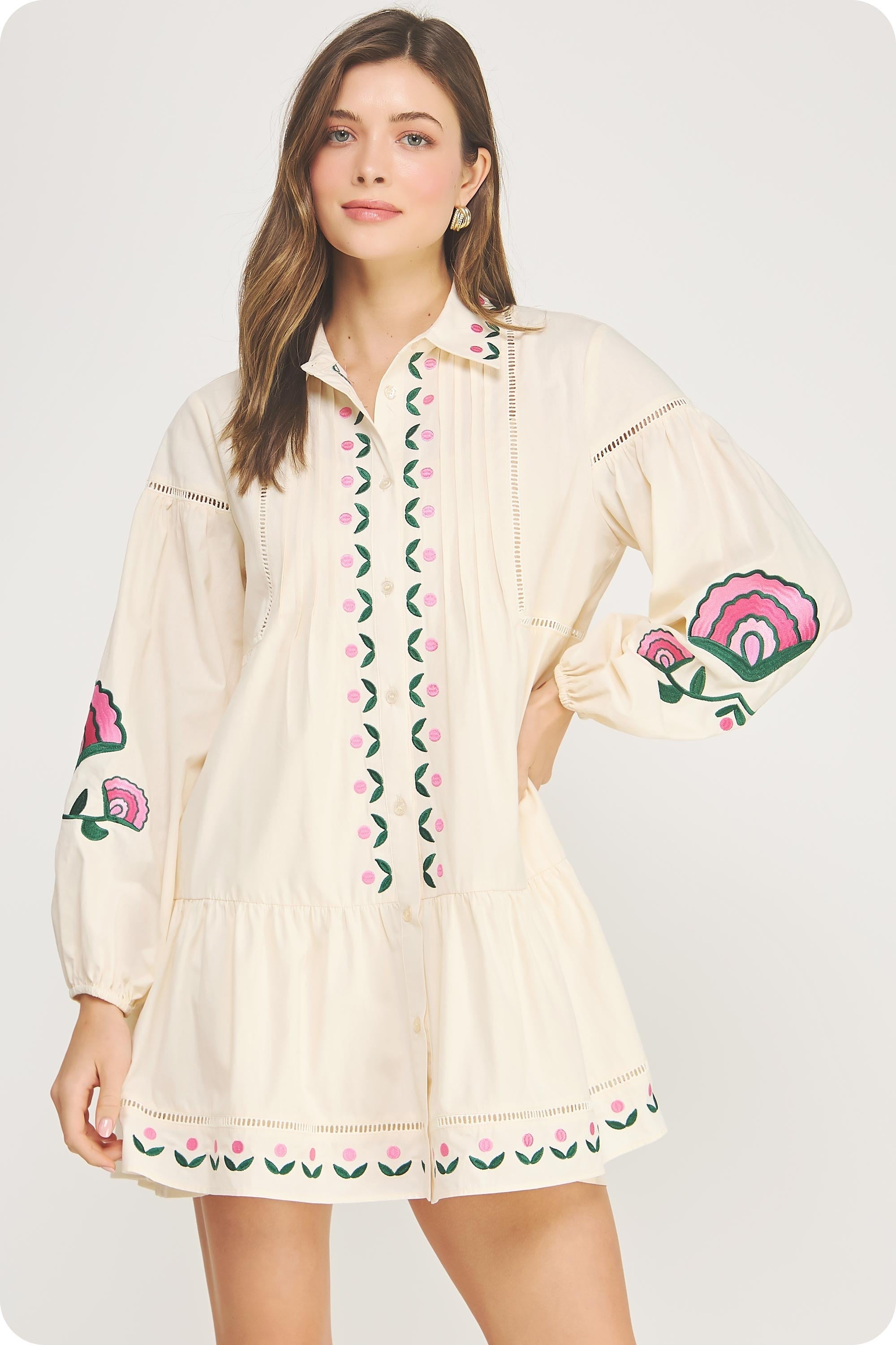 NEWEST ARRIVAL Cream Floral Embroidered Shirt Dress – Five Points Boutique