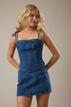 Load image into Gallery viewer, NEWEST ARRIVAL *ONLINE ONLY* Dark Denim Shoulder Tie Mini Skirt Set
