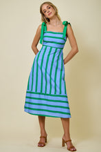 Load image into Gallery viewer, NEWEST ARRIVAL Blue/Green Striped Shoulder Tie Midi Dress
