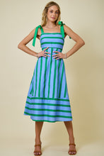 Load image into Gallery viewer, NEWEST ARRIVAL Blue/Green Striped Shoulder Tie Midi Dress
