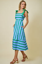 Load image into Gallery viewer, NEWEST ARRIVAL Blue/Green Striped Shoulder Tie Midi Dress
