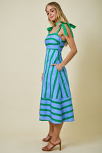 Load image into Gallery viewer, NEWEST ARRIVAL Blue/Green Striped Shoulder Tie Midi Dress
