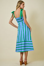 Load image into Gallery viewer, NEWEST ARRIVAL Blue/Green Striped Shoulder Tie Midi Dress
