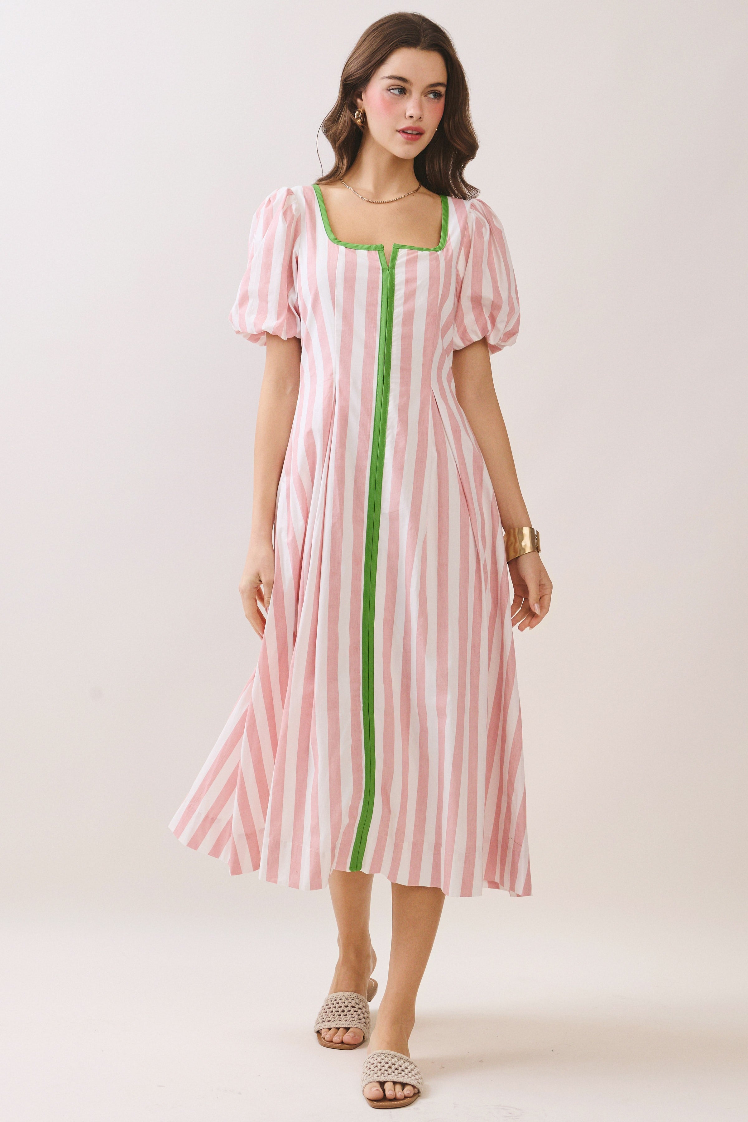 NEWEST ARRIVAL Pink/Green Striped Midi Dress – Five Points Boutique