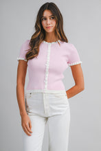 Load image into Gallery viewer, NEWEST ARRIVAL Pink Ribbed Ruffle Trim Cardigan
