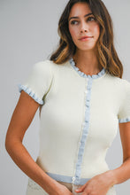 Load image into Gallery viewer, LAST ONE Pale Yellow/Blue Ribbed Ruffle Trim Cardigan
