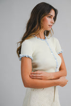 Load image into Gallery viewer, LAST ONE Pale Yellow/Blue Ribbed Ruffle Trim Cardigan
