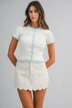 Load image into Gallery viewer, LAST ONE Pale Yellow/Blue Ribbed Ruffle Trim Cardigan
