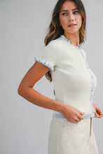 Load image into Gallery viewer, LAST ONE Pale Yellow/Blue Ribbed Ruffle Trim Cardigan
