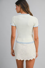 Load image into Gallery viewer, LAST ONE Pale Yellow/Blue Ribbed Ruffle Trim Cardigan
