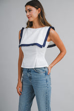 Load image into Gallery viewer, NEWEST ARRIVAL White/Navy Pleated Bib Collar Blouse
