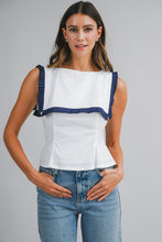 Load image into Gallery viewer, NEWEST ARRIVAL White/Navy Pleated Bib Collar Blouse
