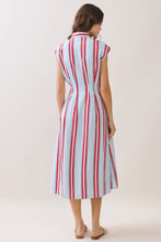Load image into Gallery viewer, NEWEST ARRIVAL Blue/Red Striped Button Down Midi Dress
