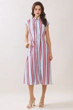 Load image into Gallery viewer, NEWEST ARRIVAL Blue/Red Striped Button Down Midi Dress
