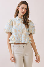 Load image into Gallery viewer, NEWEST ARRIVAL Blue Floral Peplum Button Up Blouse

