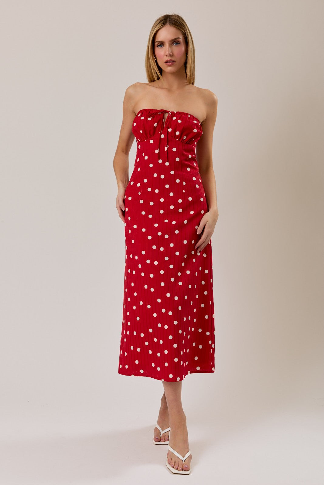 NEWEST ARRIVAL Red Polka Dot Strapless Midi Dress  Five Points Boutique
