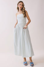 Load image into Gallery viewer, NEWEST ARRIVAL Blue Seersucker Smocked Bodice Midi Dress
