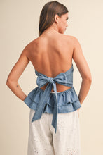 Load image into Gallery viewer, NEWEST ARRIVAL Denim Strapless Peplum Tiered Back Tie Top
