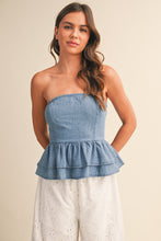 Load image into Gallery viewer, NEWEST ARRIVAL Denim Strapless Peplum Tiered Back Tie Top
