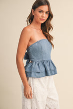 Load image into Gallery viewer, NEWEST ARRIVAL Denim Strapless Peplum Tiered Back Tie Top
