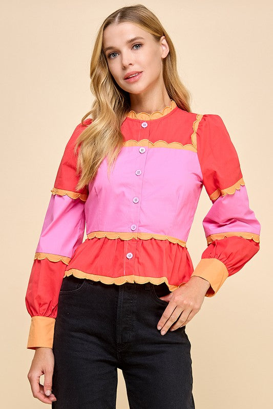 LAST ONE Pink/Orange Scalloped Peplum Blouse