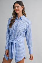 Load image into Gallery viewer, NEWEST ARRIVAL Blue/White Striped Front Wrap Shirt Dress
