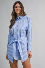 Load image into Gallery viewer, NEWEST ARRIVAL Blue/White Striped Front Wrap Shirt Dress
