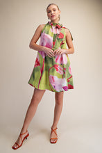 Load image into Gallery viewer, NEWEST ARRIVAL Chartreuse Green Floral Halter Tie Dress
