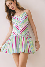 Load image into Gallery viewer, NEWEST ARRIVAL Green Multi Striped Drop Waist Mini Dress

