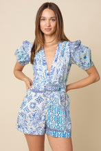 Load image into Gallery viewer, NEWEST ARRIVAL Blue Porcelain Puff Sleeve Belted Romper
