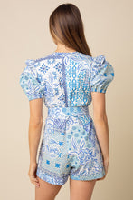 Load image into Gallery viewer, NEWEST ARRIVAL Blue Porcelain Puff Sleeve Belted Romper
