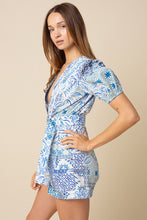 Load image into Gallery viewer, NEWEST ARRIVAL Blue Porcelain Puff Sleeve Belted Romper
