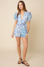 Load image into Gallery viewer, NEWEST ARRIVAL Blue Porcelain Puff Sleeve Belted Romper
