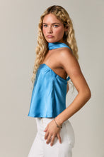 Load image into Gallery viewer, NEWEST ARRIVAL Blue Satin Neck Scarf Top
