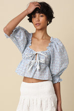 Load image into Gallery viewer, NEWEST ARRIVAL White/Blue Floral Front Tie Cropped Blouse
