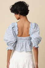 Load image into Gallery viewer, NEWEST ARRIVAL White/Blue Floral Front Tie Cropped Blouse
