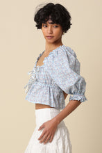 Load image into Gallery viewer, NEWEST ARRIVAL White/Blue Floral Front Tie Cropped Blouse
