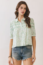 Load image into Gallery viewer, NEWEST ARRIVAL Sage Green Floral Smocked Button Down Blouse
