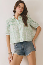 Load image into Gallery viewer, NEWEST ARRIVAL Sage Green Floral Smocked Button Down Blouse
