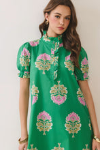 Load image into Gallery viewer, NEWEST ARRIVAL Green Large Pink Floral Ruffle Mock Neck Midi Dress
