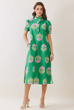 Load image into Gallery viewer, NEWEST ARRIVAL Green Large Pink Floral Ruffle Mock Neck Midi Dress
