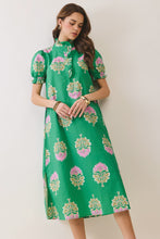 Load image into Gallery viewer, NEWEST ARRIVAL Green Large Pink Floral Ruffle Mock Neck Midi Dress
